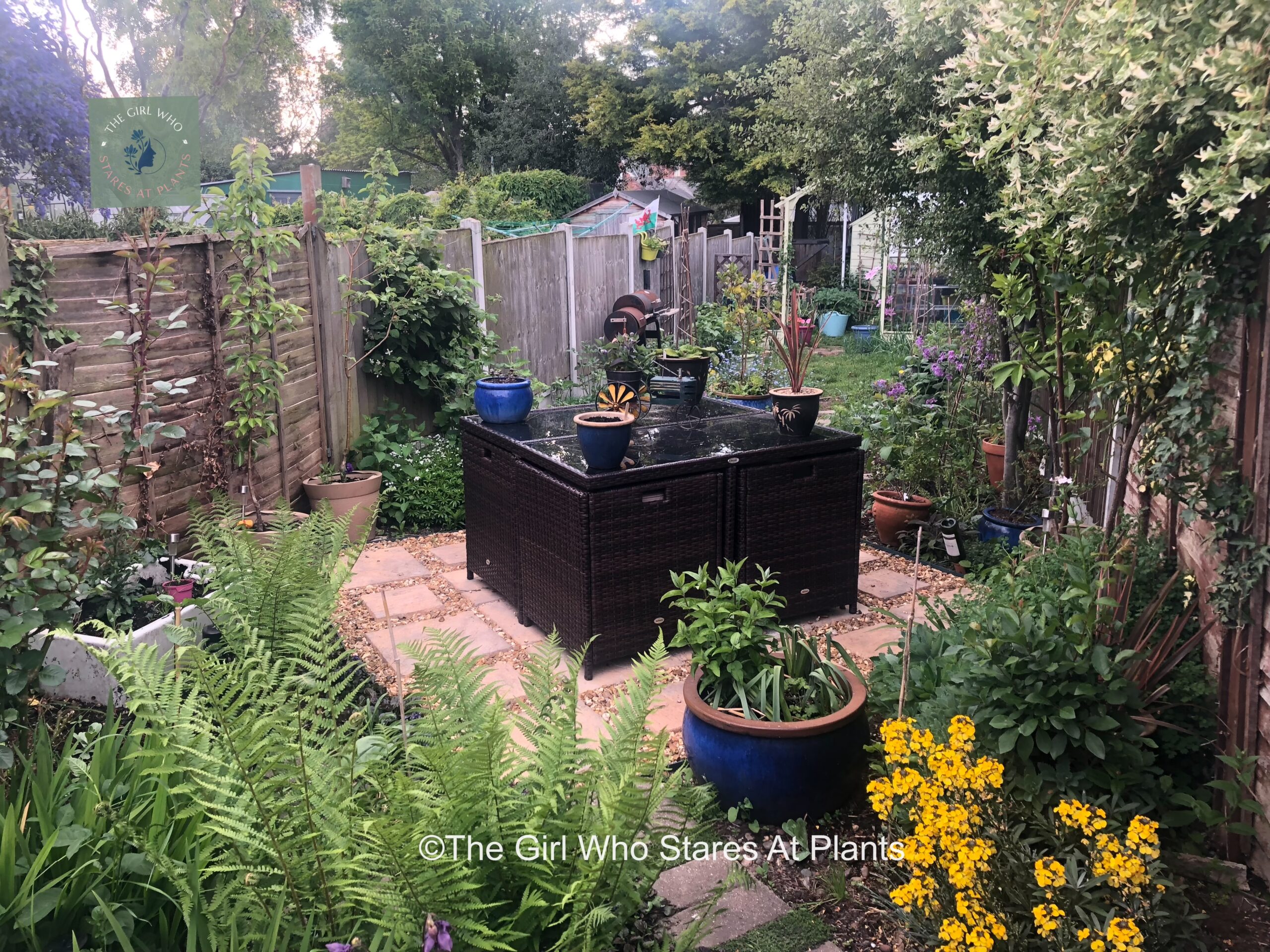 Small patio with a cube seating table, in a long thin garden belonging to a terraced house.