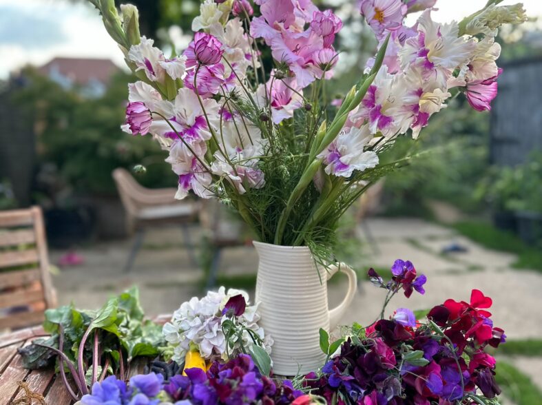 Bunches of cut flowers from the awesome allotment gladioli, cosmos and sweet peas