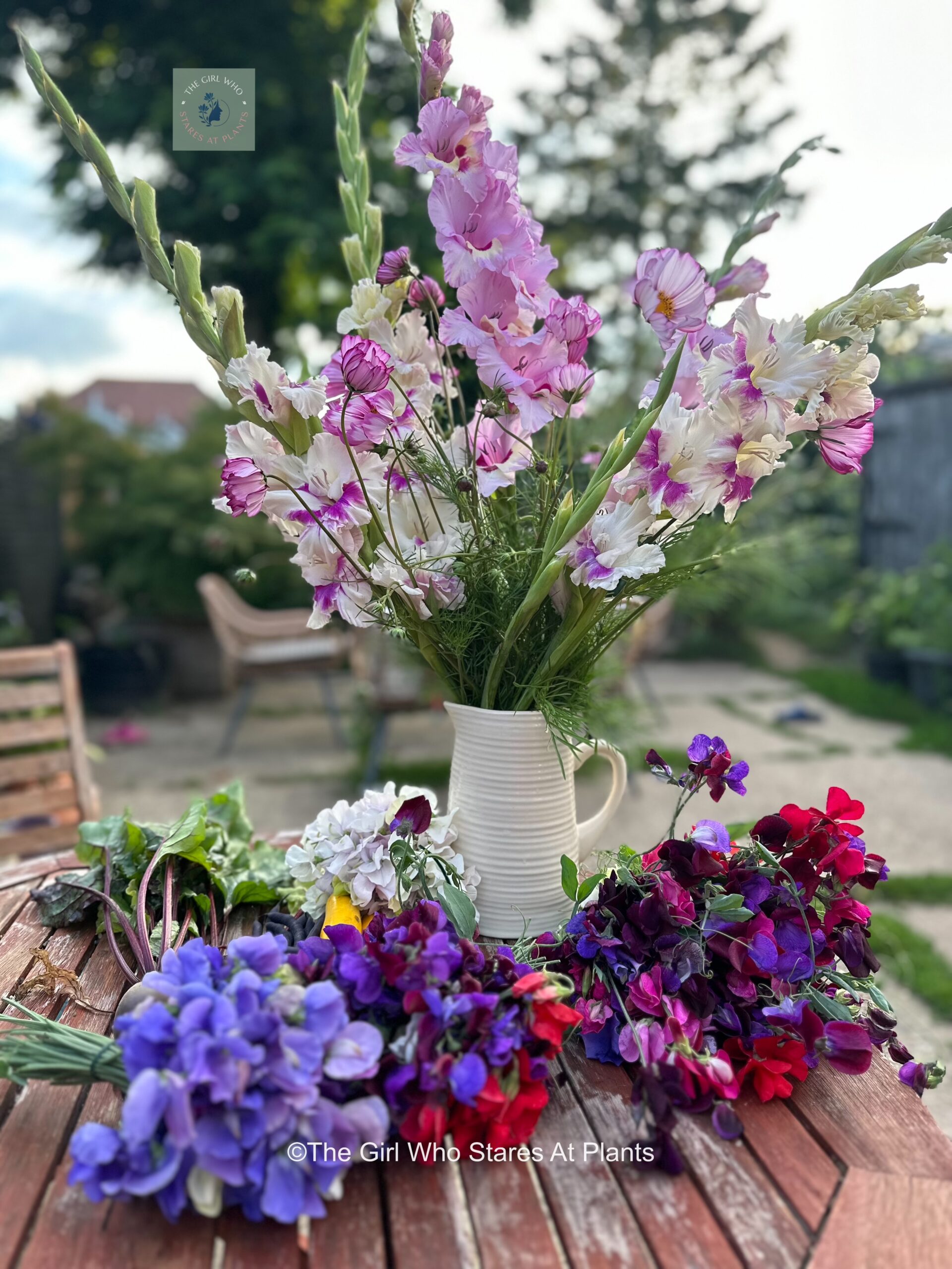 Bunches of cut flowers from the awesome allotment gladioli, cosmos and sweet peas